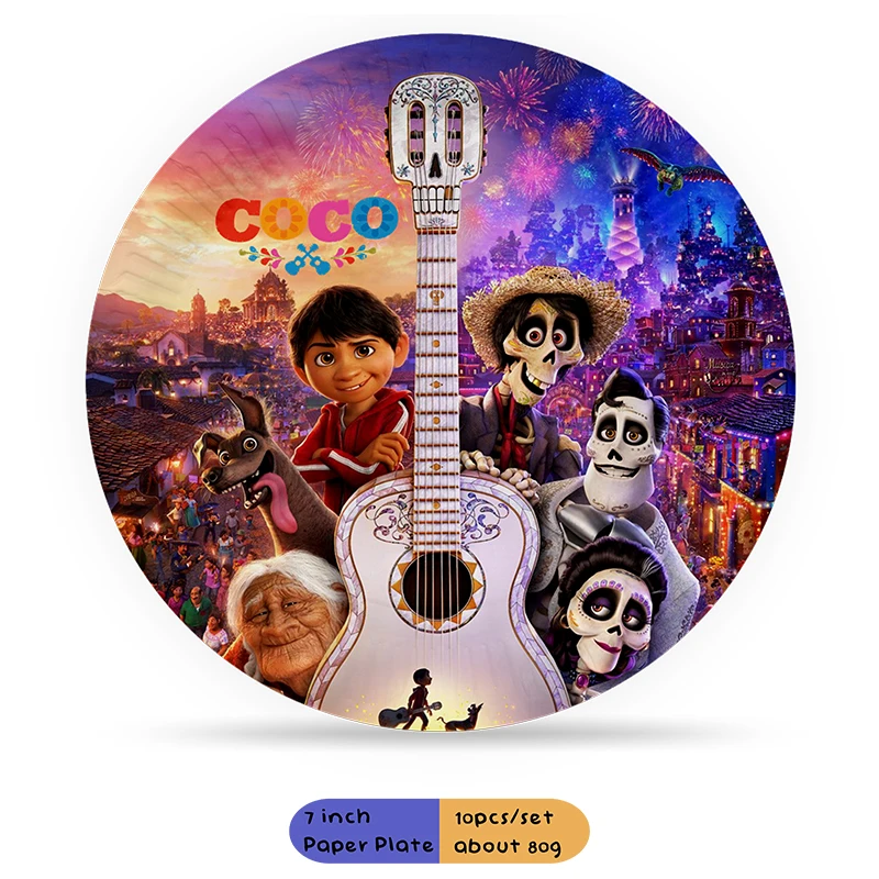 Pesta ulang tahun tema Disney Coco dekorasi DIY Set peralatan makan sekali pakai taplak meja label botol air untuk perlengkapan mandi bayi