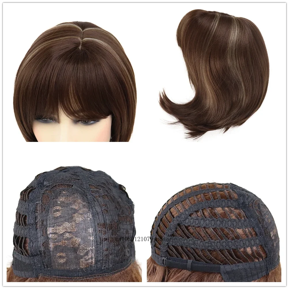 Synthetic Short Straight Mix Brown Wigs for White Women Cute Bob Wig with Bangs Daily Costume Party Natural Soft Heat Resistant