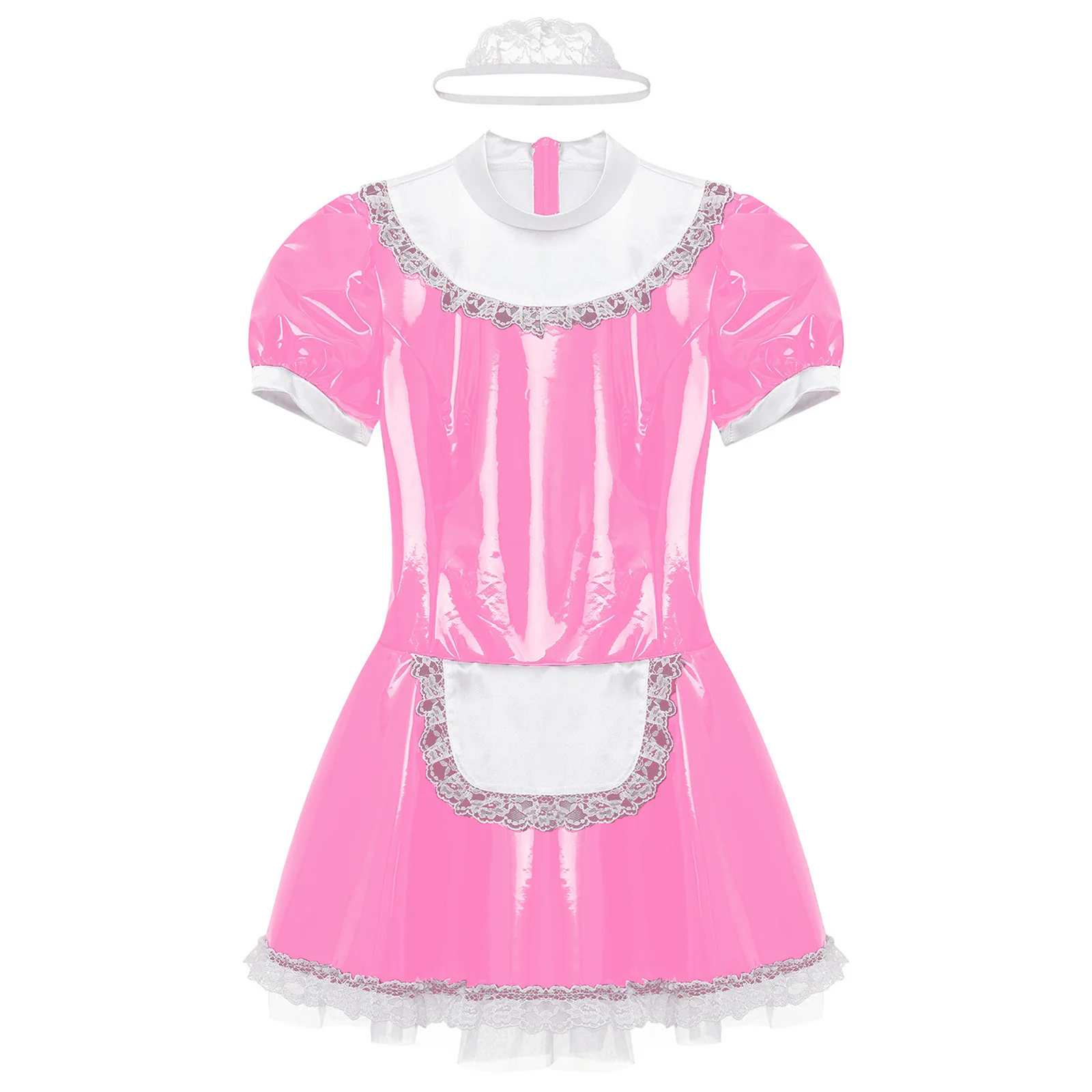 Womens Glossy Patent Leather French Maid Uniform Dress with Lace Headband Ruffles Lace Apron Puff Sleeve A-Line Dress Clubwear