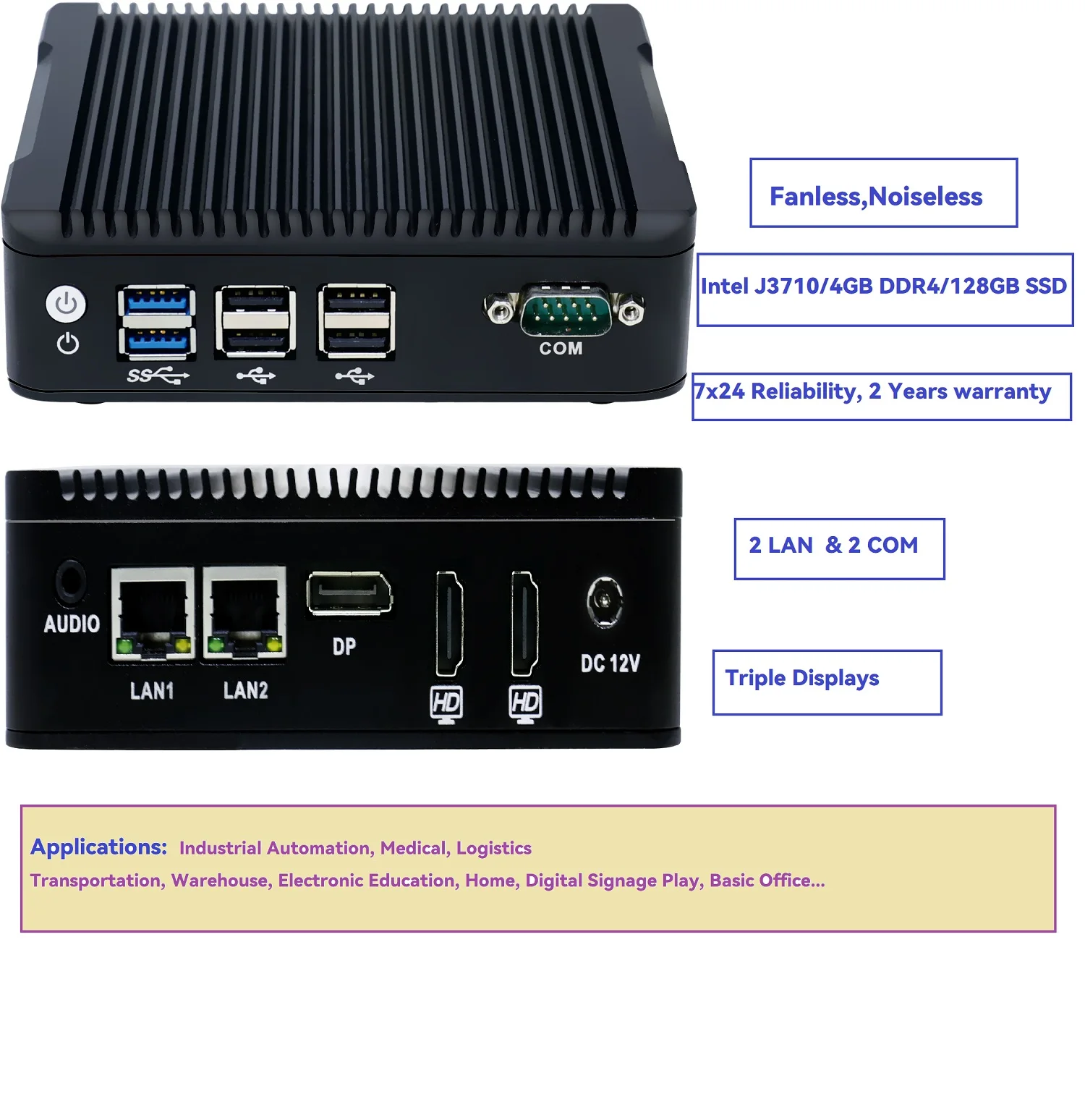 

Fanless Computer Intel Celeron J3710 Processor Mini PC 4K Support Media Player Three Display