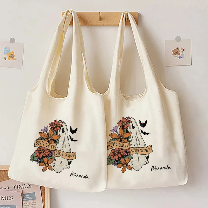 Flower Ghost Bat Personalized Name Canvas Handbag Travel Storage Shoulder Bags Large Capacity Tote Bag Custom Wedding Party Gift