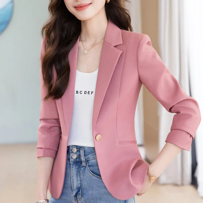 

NAVIU Elegant Women Pink Blazer New Autumn Temperament Casual Long Sleeve Slim Jacket Office Ladies Work Coat Beige Black