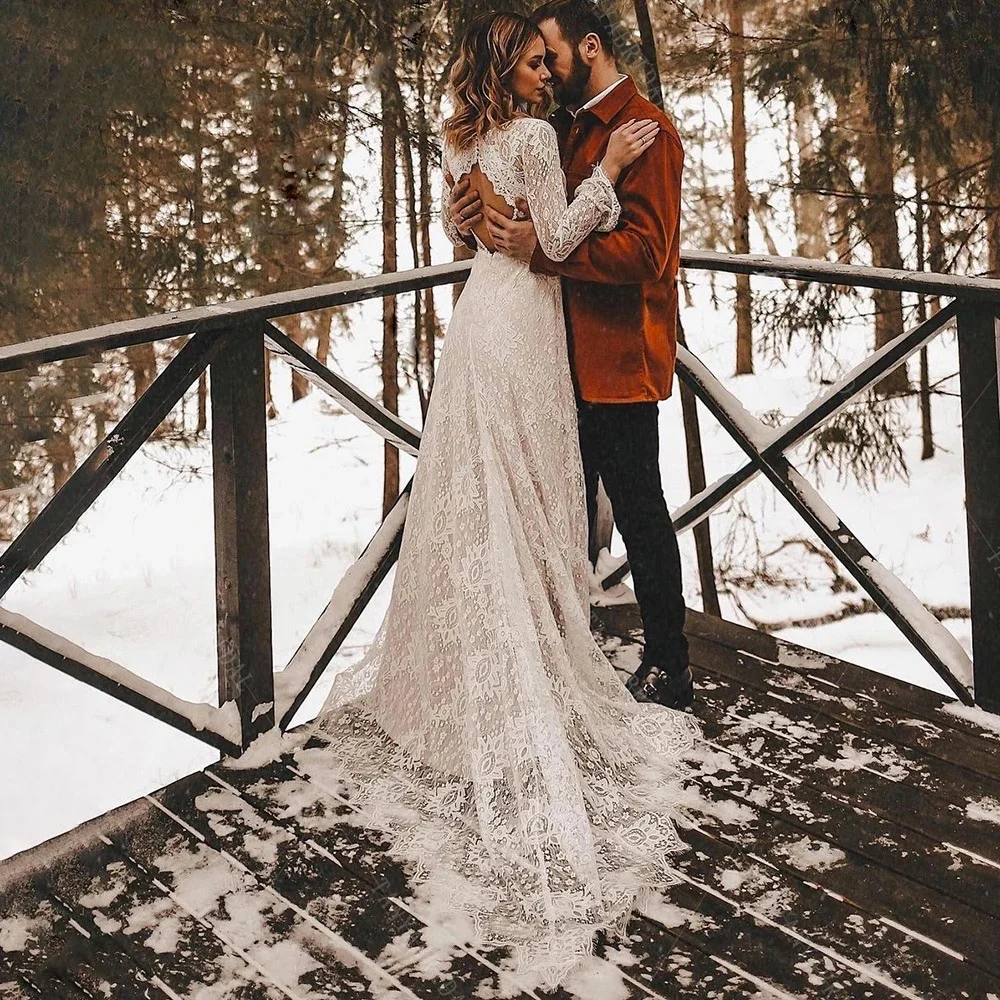 فستان زفاف بوهو بأكمام طويلة مخصص عميق الخامس الرقبة مفتوح الظهر متواضع ريفي المدنية فستان زفاف 2025 الأزهار الدانتيل Vestido de nov #4