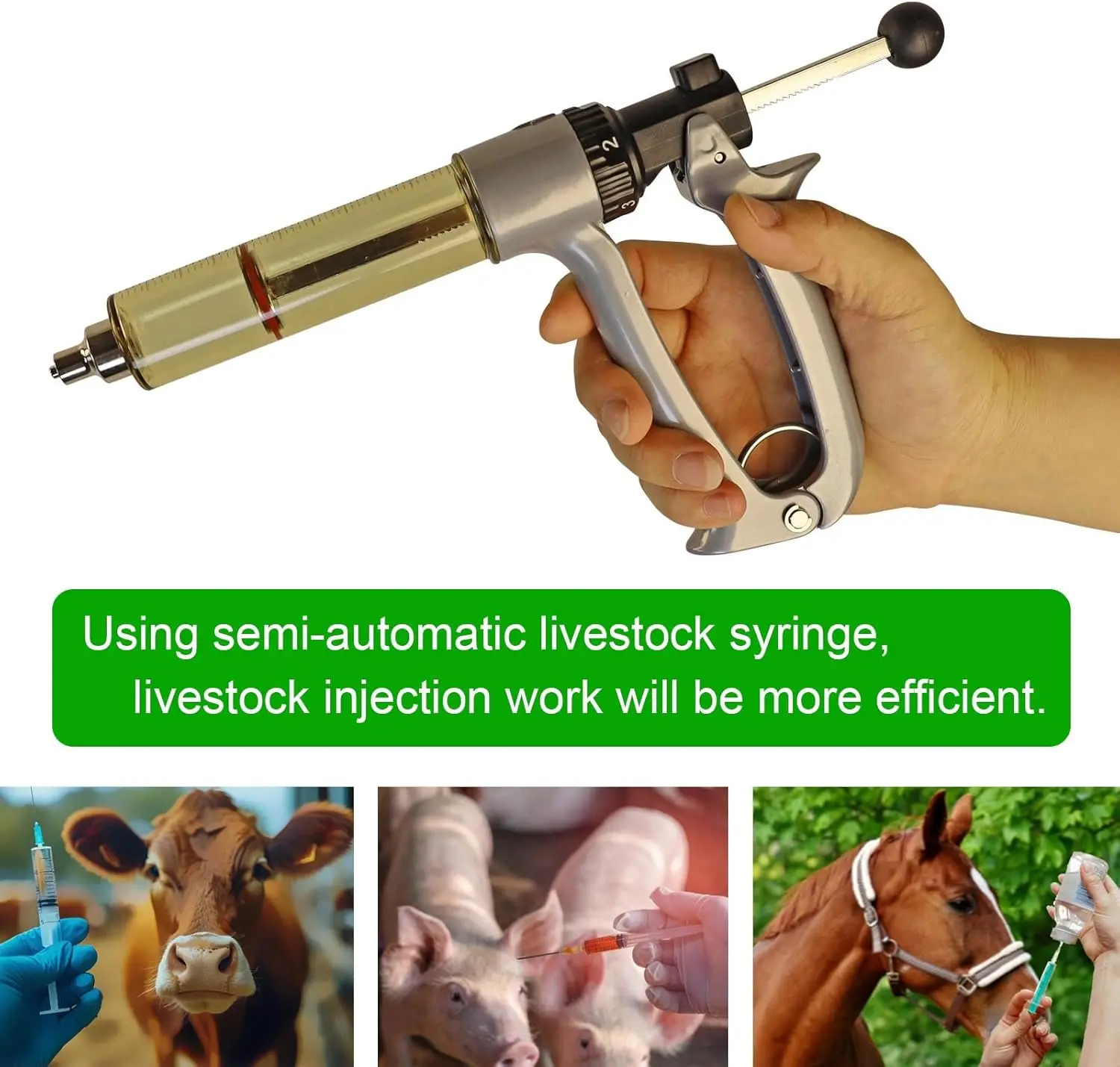 50ML Semi Automatic Livestock Syringe, 5 Gears Adjustable Continuous Repeating Luer Lock Syringe for Farm Ranch Cattle Cow Horse