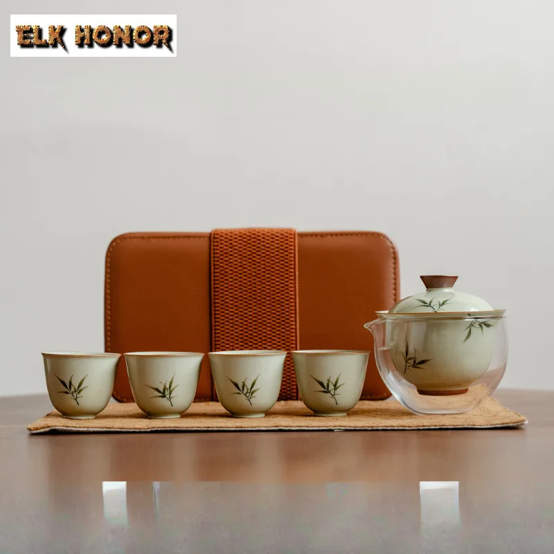 

Plant Ash Hand-painted Bamboo Travel Tea Set Kit Antique 1 Bowl 4 Cups Tea Making Organizer Portable Outdoor Handbag Accessories