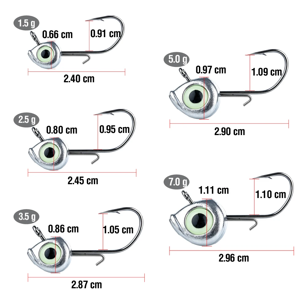 10 Stück Hochdichte Blei-Jigköpfe Angelhaken 1,5g-7g Vorwärts-Offset-Kern-Design Haken Leuchtende 3D-Augen Fischhaken Angelzubehör – Detail 8
