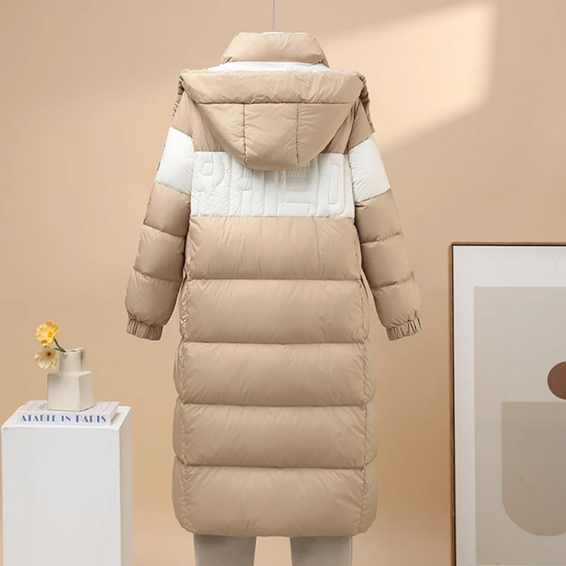 Winter Long Patchwork Hooded Down Jacket Female Big Pocket Warm Parker Outwears Women White Duck Down Knee Length Down Jackets