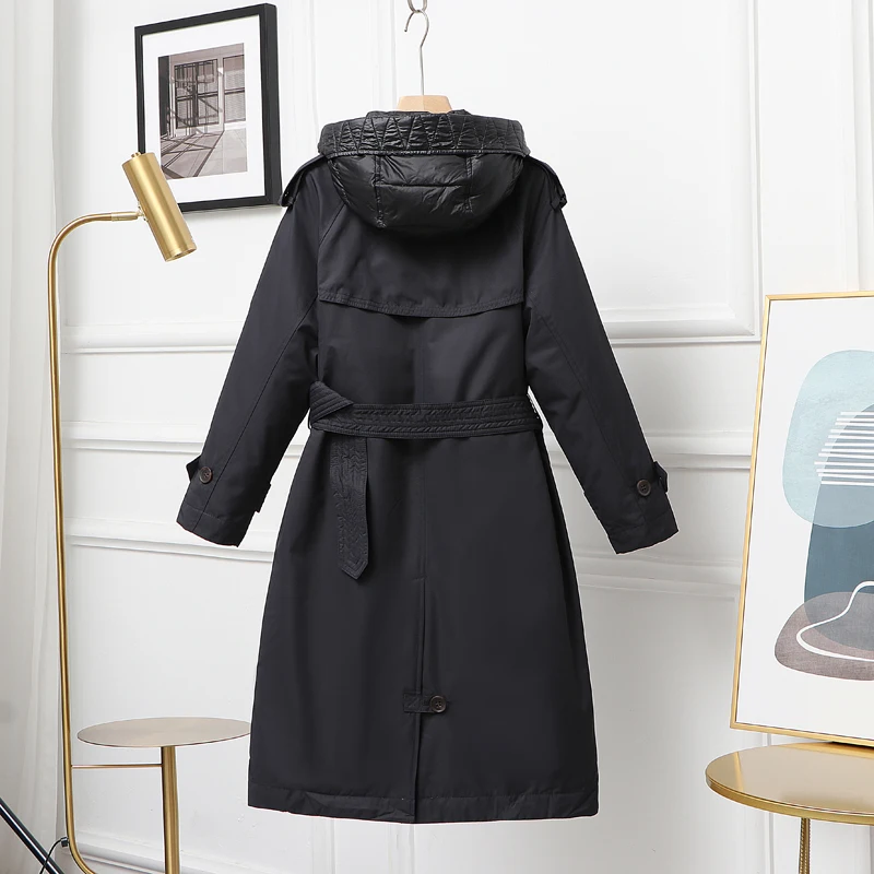 Veste Trench à capuche en duvet de canard blanc pour femme, manteau coupe-vent épais et chaud avec ceinture, Parka d\'hiver de haute qualité, 2023