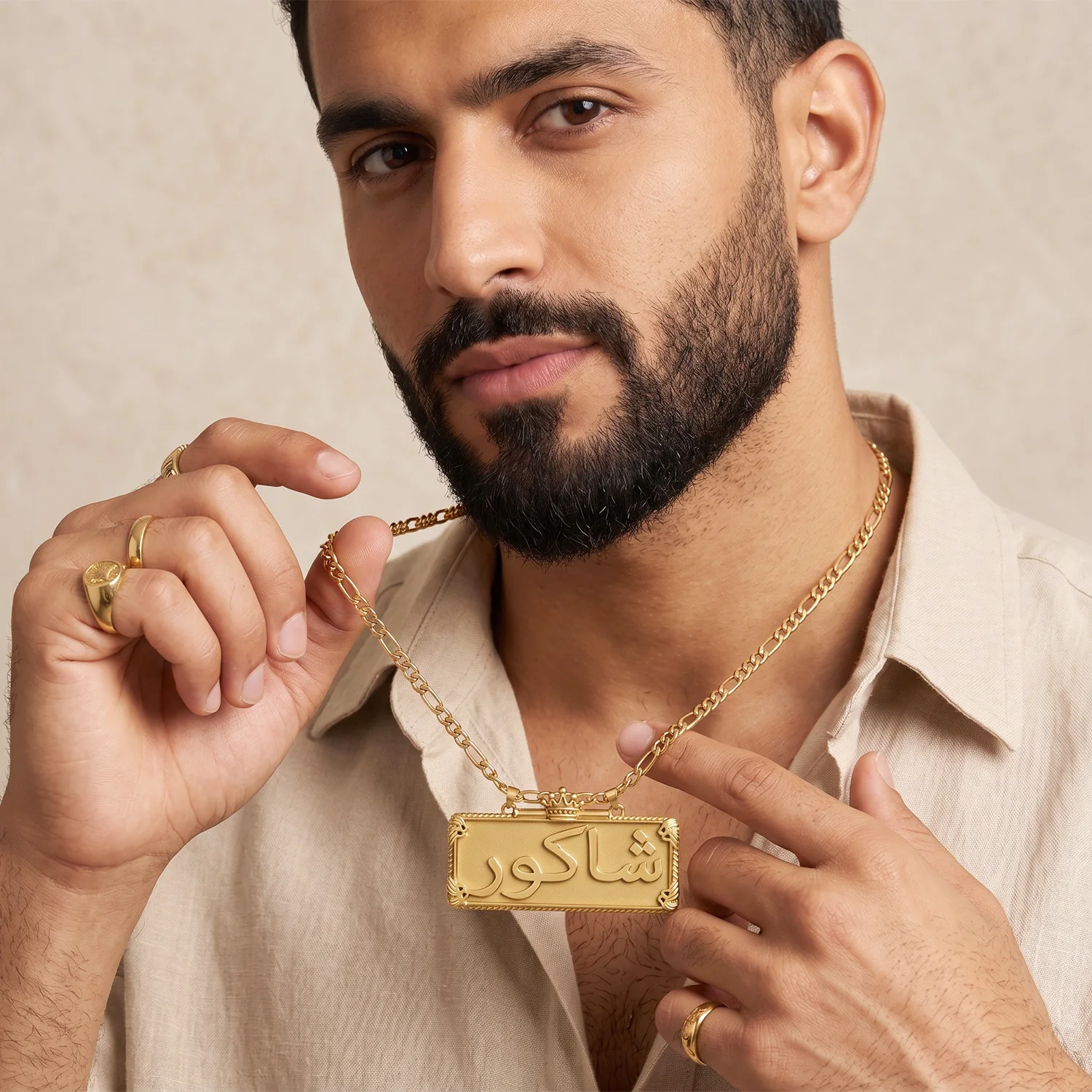 Custom Arabic Name Necklace Crown 3D Embossed Islamic Pendant Stainless Steel Figaro Chain Personalized Muslim Eid Jewelry Gift