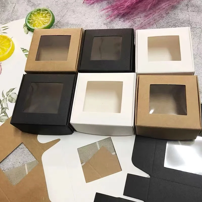 50/100pcs White Foldable Paper Box Kraft with PVC Window Black Craft Wedding Candy Handmade Soap Packing Gift Boxes