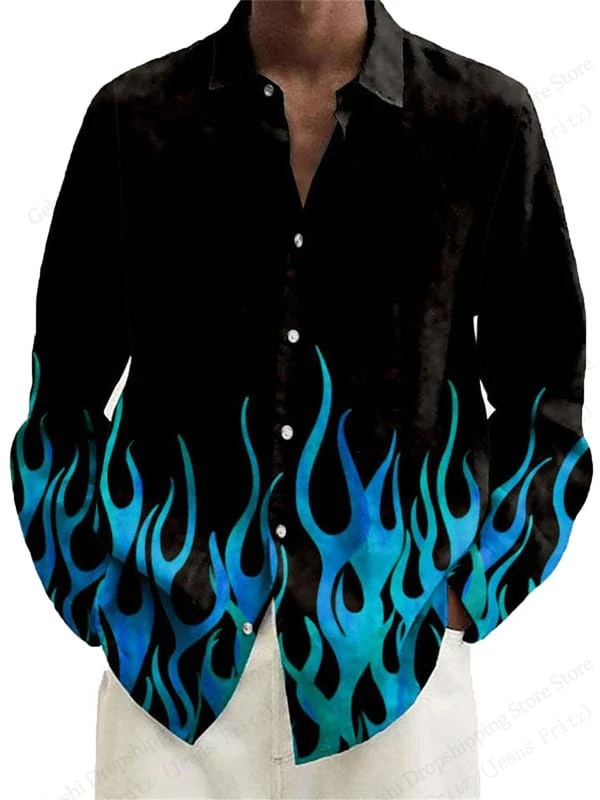 

Long Sleeve Hawaiian Shirt Vintage Blue Flame 3d Print Shirt Men Women Fashion Casual Button Lapel Shirts Beach Blouse Street