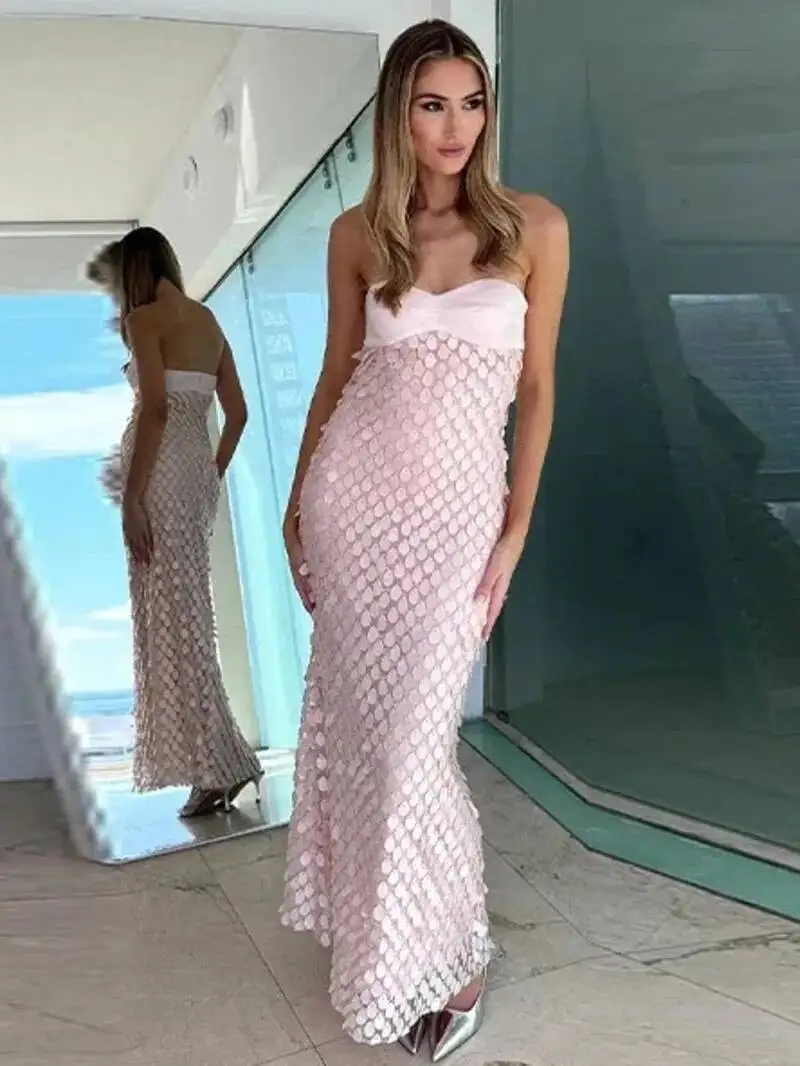 Sexy Fleck Langes Kleid Frauen Patchwork Solide Rohr Top Ärmellose Party Kleider Sommer Dame Schlank Urlaub Backless Roben PM4Q