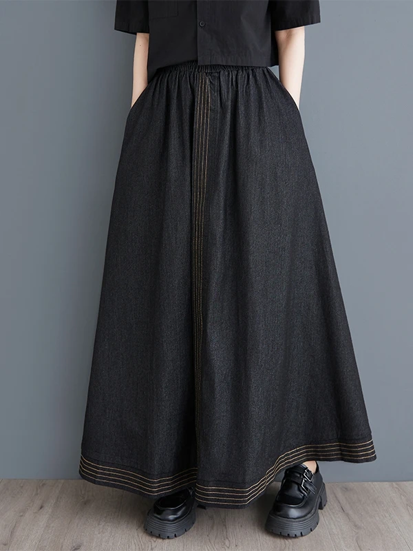 Waed Denim Falda acampanada de cintura alta Longitud larga Color Blo S Faldas casuales de primavera de talla grande para mujer