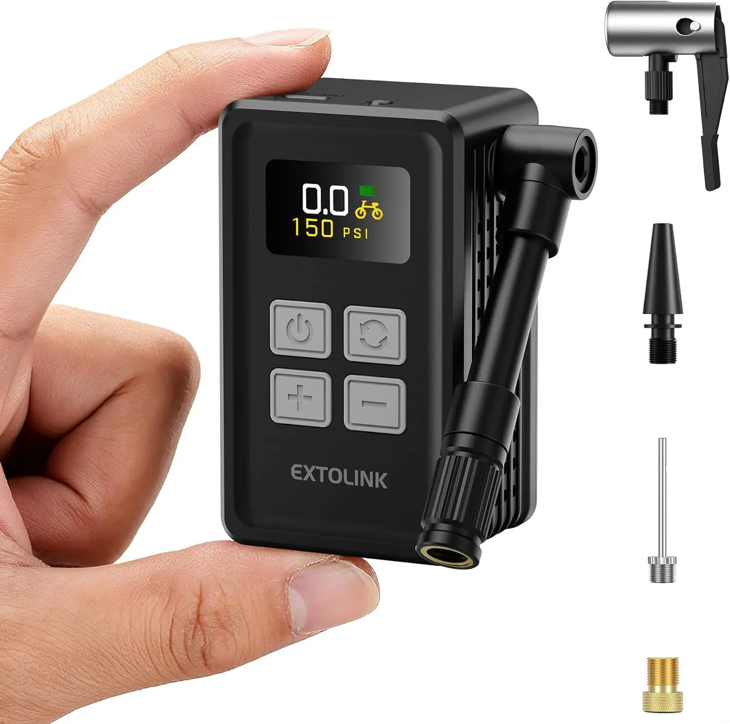 

Mini Electric Bike Pump with Gauge - 20s Fast Inflate, 150PSI, Presta & Schrader, for Road & Mountain Bikes