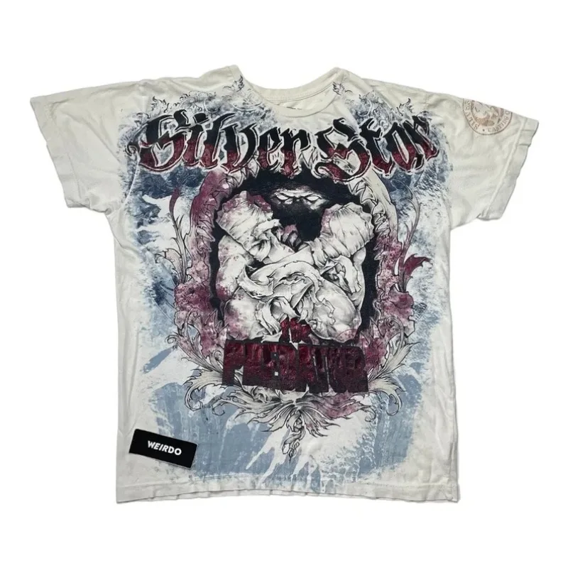 2000s Silver Star Dark Street Combat Splatter Art T Shirt Summer Unisex Cotton Oversized Urban Fashion Street short sleeves