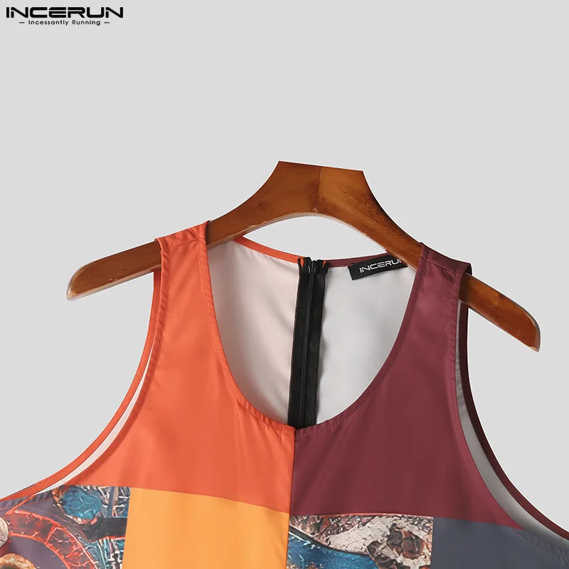 INCERUN Men Jumpsuits Ethnic Style Printing O-neck Sleeveless Casual Rompers Streetwear Summer Loose 2024 Vintage Male Overalls