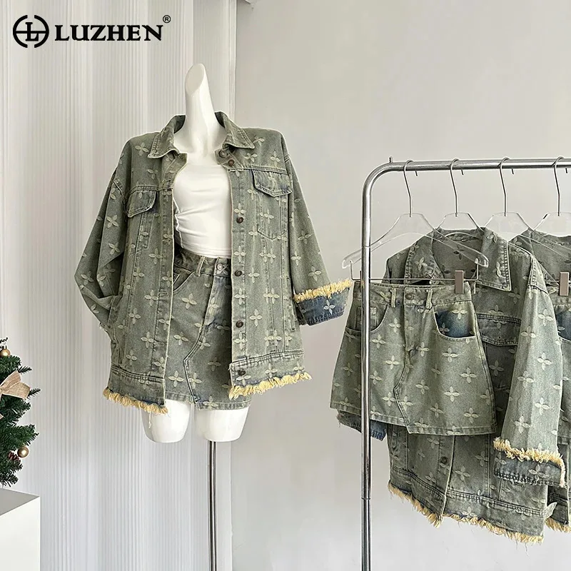 

LUZHEN Niche Design Vintage Wornout Burr Edge Denim Jacket Mini Short Skirt Two-piece Sets Women's 2024 Fashion Clothes AA1443