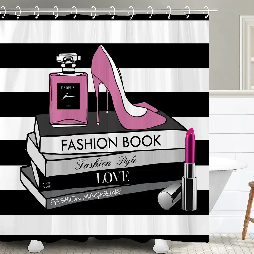 Perfume cosmético y cortina de ducha floral, tacones de flores modernos y románticos, lápiz labial, decoración del hogar, cortina de baño con ganchos