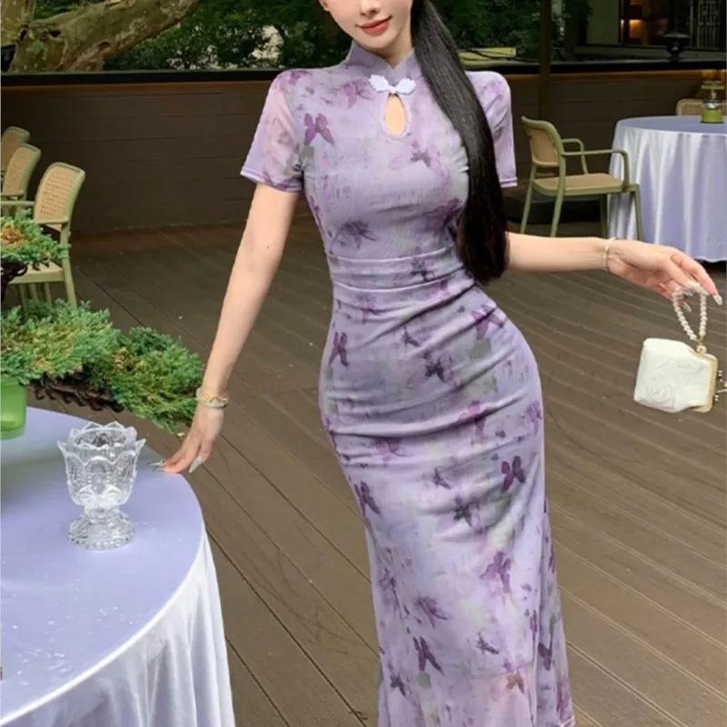 National style retro purple cheongsam improved light daily waist slimming short-sleeved new Chinese dress