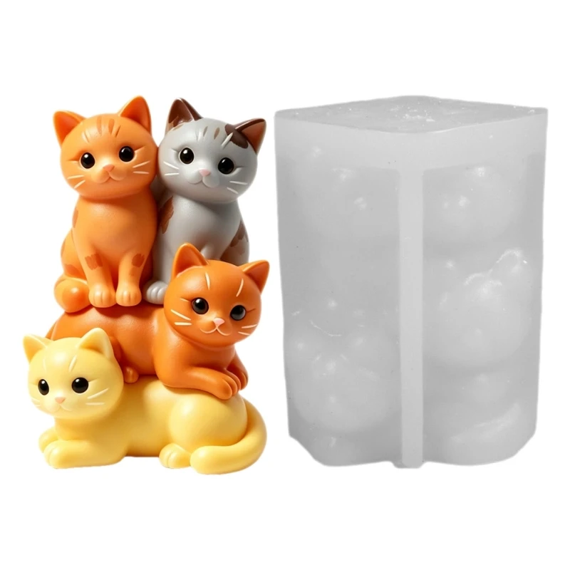 3D-Kerzenform aus Silikon mit vier geformten Katzen, Schichtdetail, flexibel, leicht zu lösen für duftendes Bastelprojekt 3XUF – Detail 1