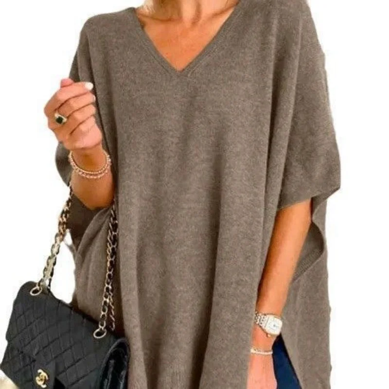 

European and American Versatile Fashion Women's Clothing Bat Sleeves Knitted Solid Color V-neck Cape Loose Sweater Top Cloak