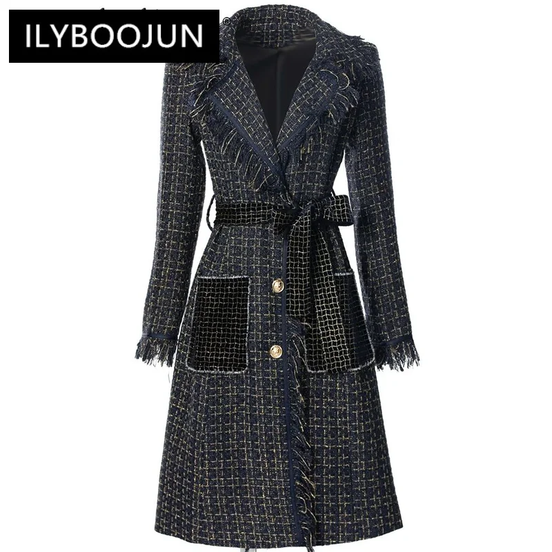 

ILYBOOJUN Fashion Autumn Winter Plaid Tweed Coat Women Long Sleeves Tassel Lace-up Office Lady Single Breasted Outerwear