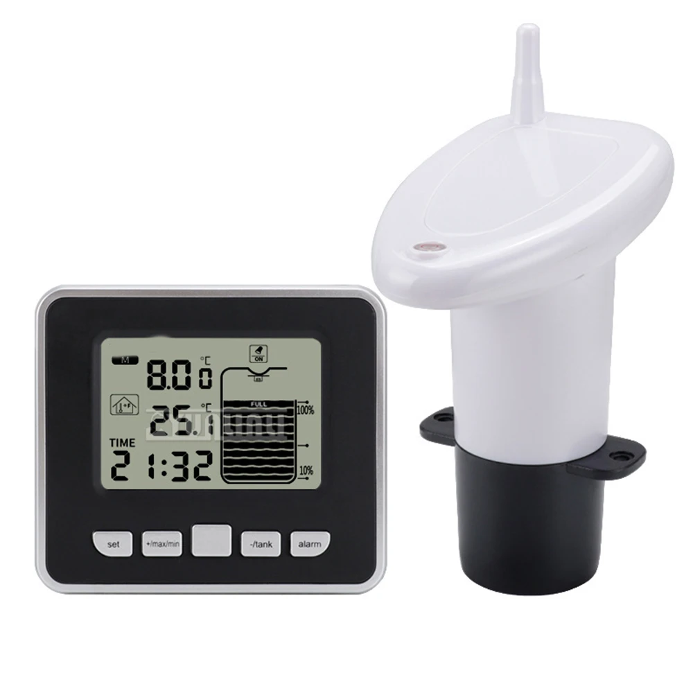 

Ultrasonic Wireless Water Tank Liquid Level Meter With Temperature Sensor Level Monitor Time Display Low Battery Indicator Alarm