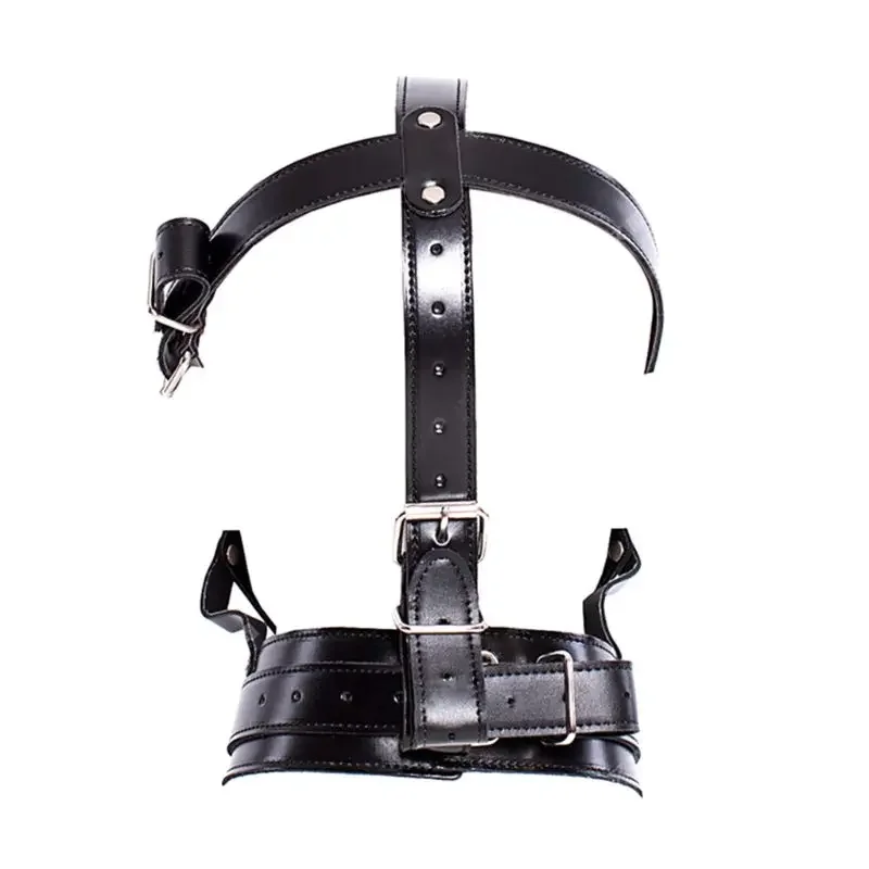 BDSM Bondage Head Wrap Maschere con cappuccio cavo Giocattoli del sesso SM Slave Gioco di ruolo Copricapo Maschere con cappuccio mezza faccia in pelle fetish con bavaglio per pene