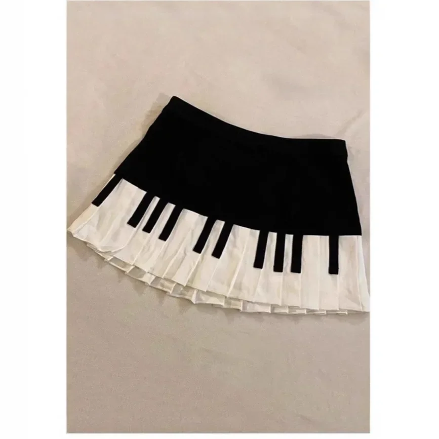 

Vintage Black White Piano Design Short Half Skirt Versatile Summer New Style Artistic Mini Skirt for Small Figures