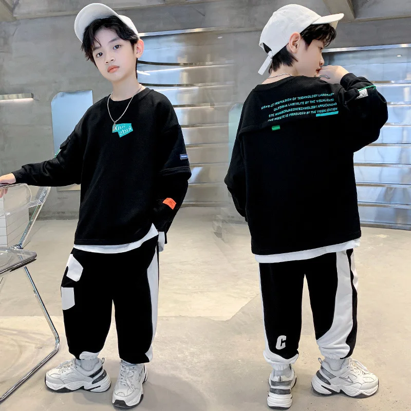 Spring Autumn Hoodies Clothing Boys Sets 2023 New Fashion O-Neck Letters Patchwork Casual Sport Suit Teenager Streetwear Outfits