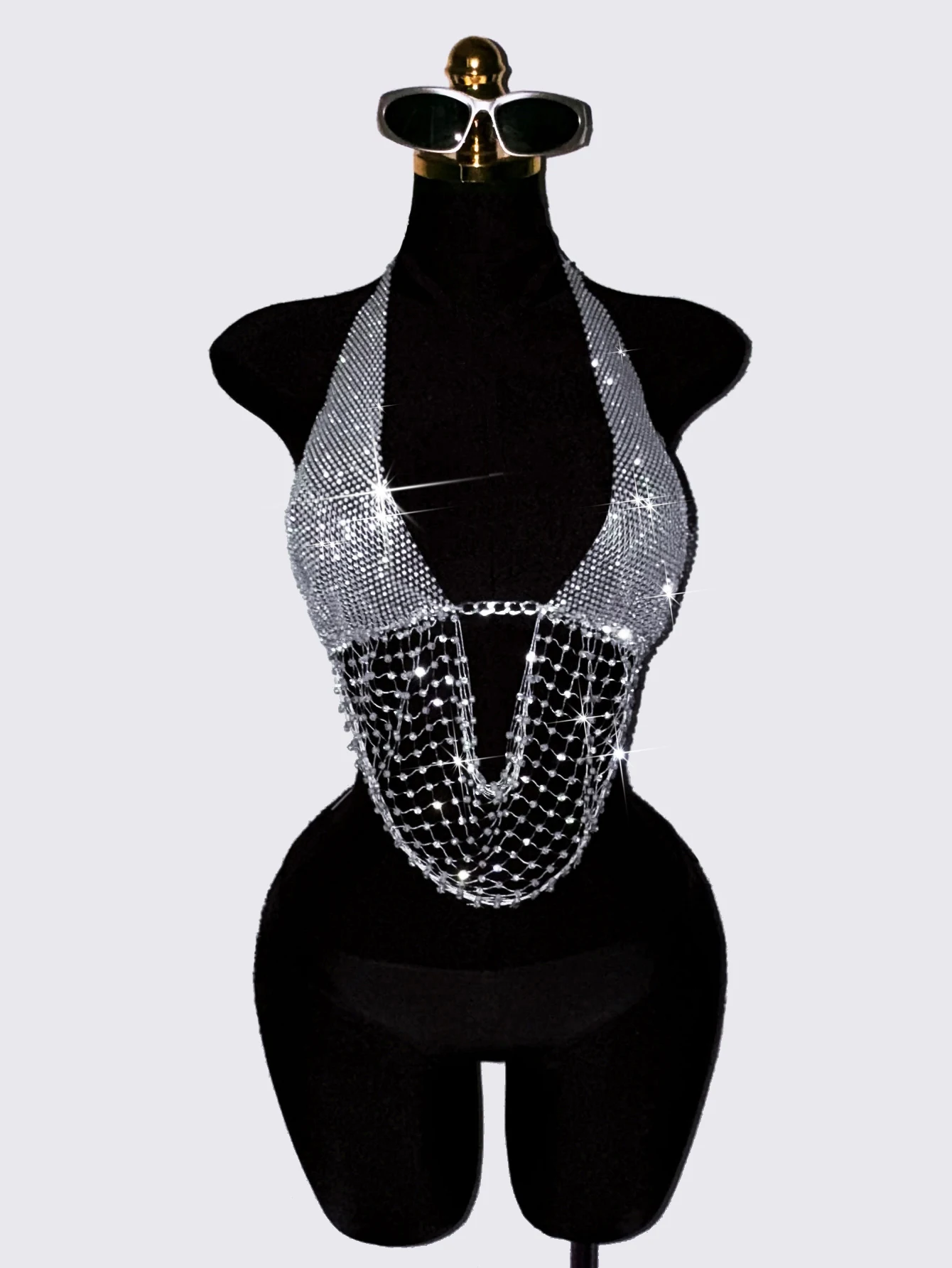 Silver Rhinestone Beaded Mesh Halter Top Women Sexy Tassel Fringe Crop Top Sparkly Y2K Club Party Festival Rave Outfit