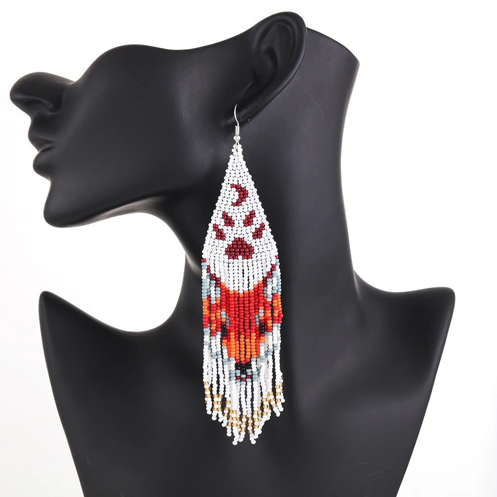 Beaded earrings Tassel Originality Design Hand textile Fox Bohemia Alloy Female Gradient color Fashion Simple Rice bead earrings