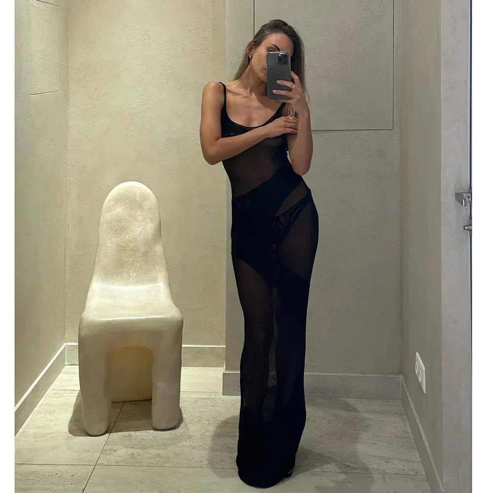 2024 Gestricktes Sommerkleid, Strand-Bikini-Vertuschungen, sexy, durchsichtig, figurbetont, Maxi, rückenfrei, ärmellos, Vertuschung für Damen