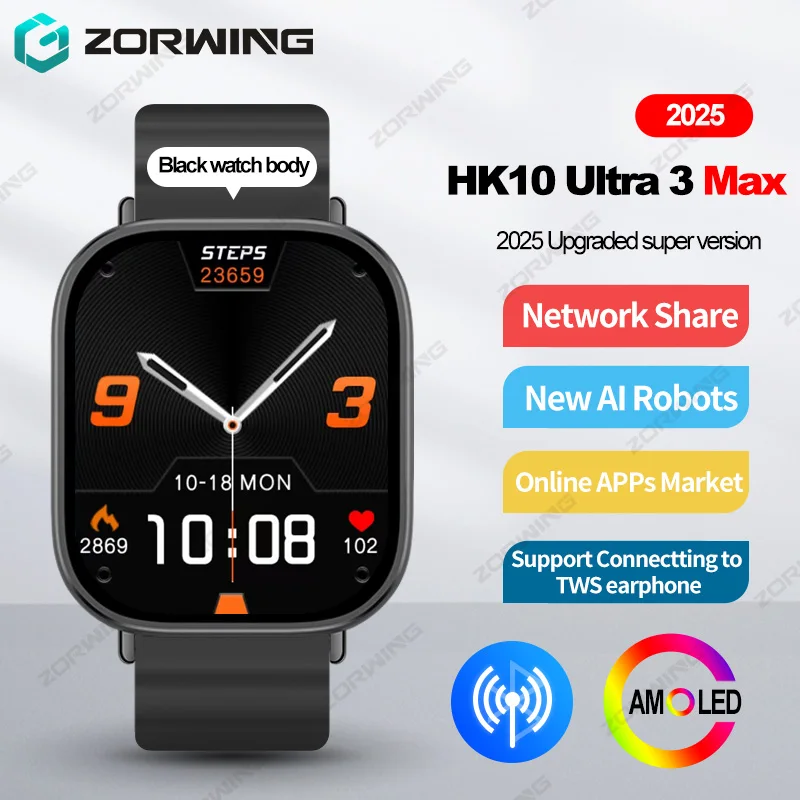 

HK10 Ultra 3 Max AMOLED Smart Watch Men Network Share Connection Smartwatch Online AI Robots Photo Album Sport Watches New 2025