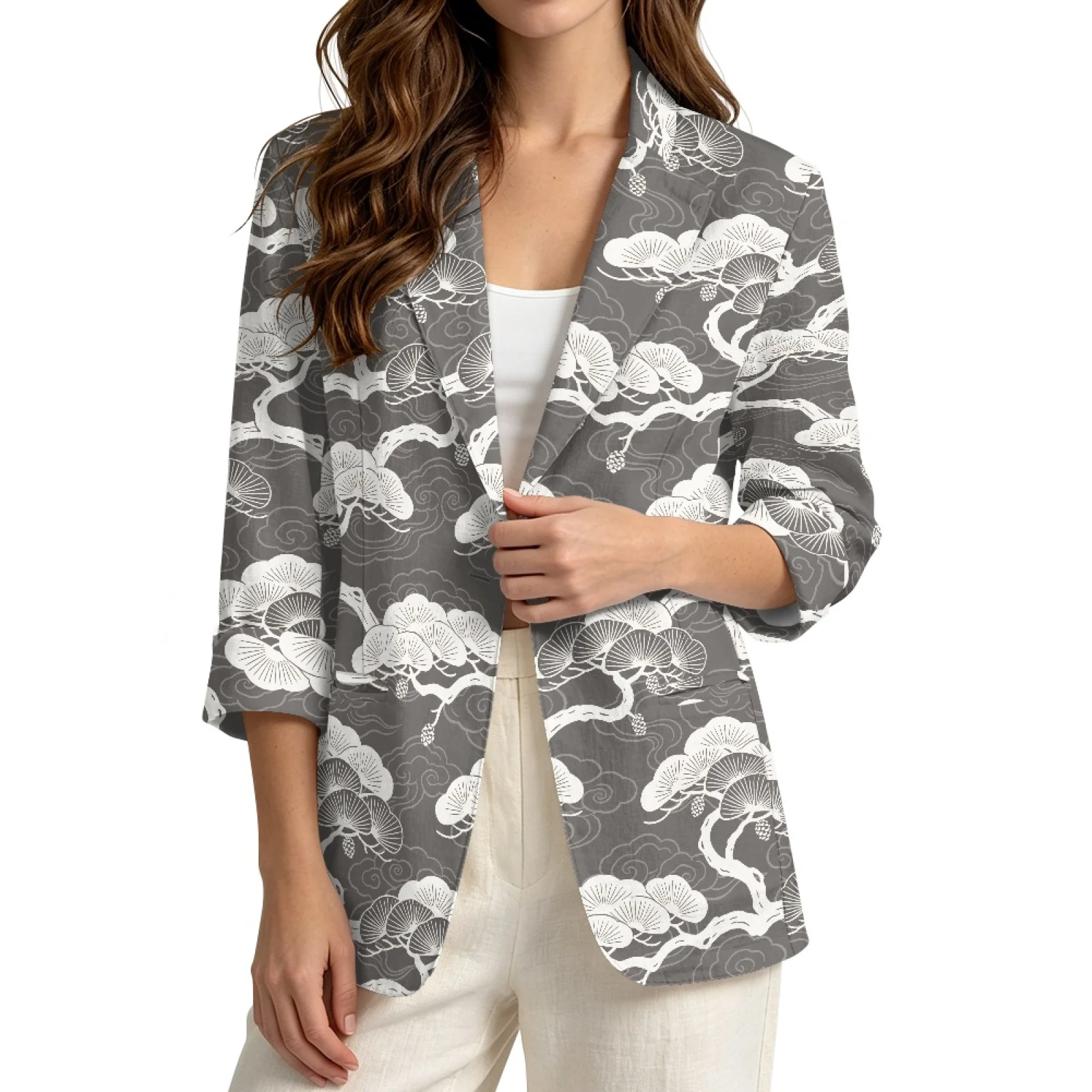 PENSTROLL Lightweight Linen Like Open Front Button Cardigans Casual Beach Cover Up for Loungewear Bonsai Tree Pattern