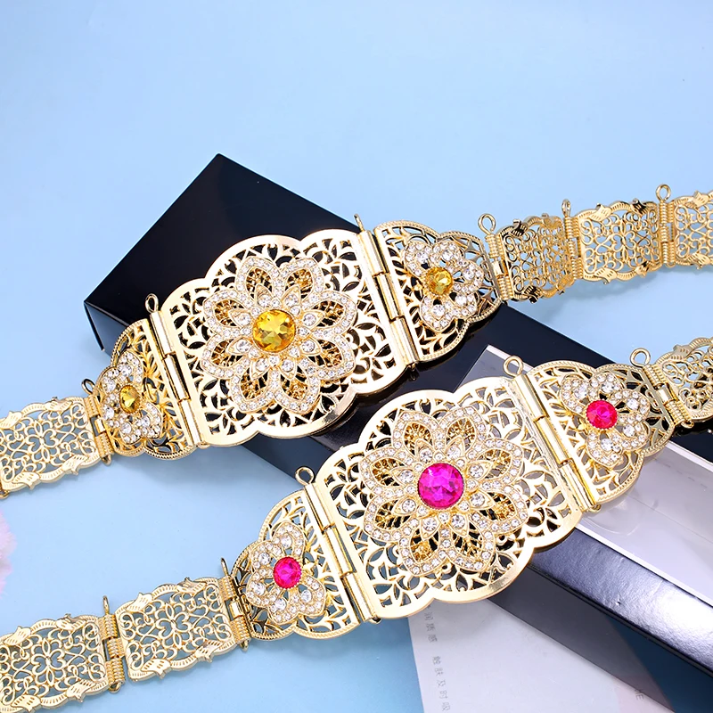 

Moroccan Traditional Caftan Dress Belts Gold Plated Crystal Flower Waist Chain for Women Middle East Muslim Women Jewelry