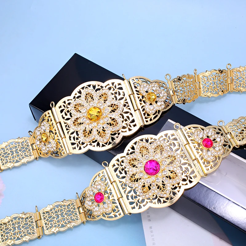 Moroccan Traditional Caftan Dress Belts Gold Plated Crystal Flower Waist Chain for Women Middle East Muslim Women Jewelry