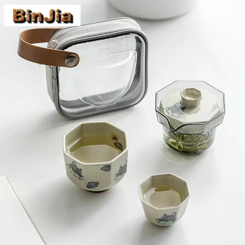 Zodiac Tigers Octagonal Glass Tea Set Kit Handmade 1 Pot 2 Cups Maker Picnic Outdoor Portable Stock Bags Ceremony Craft