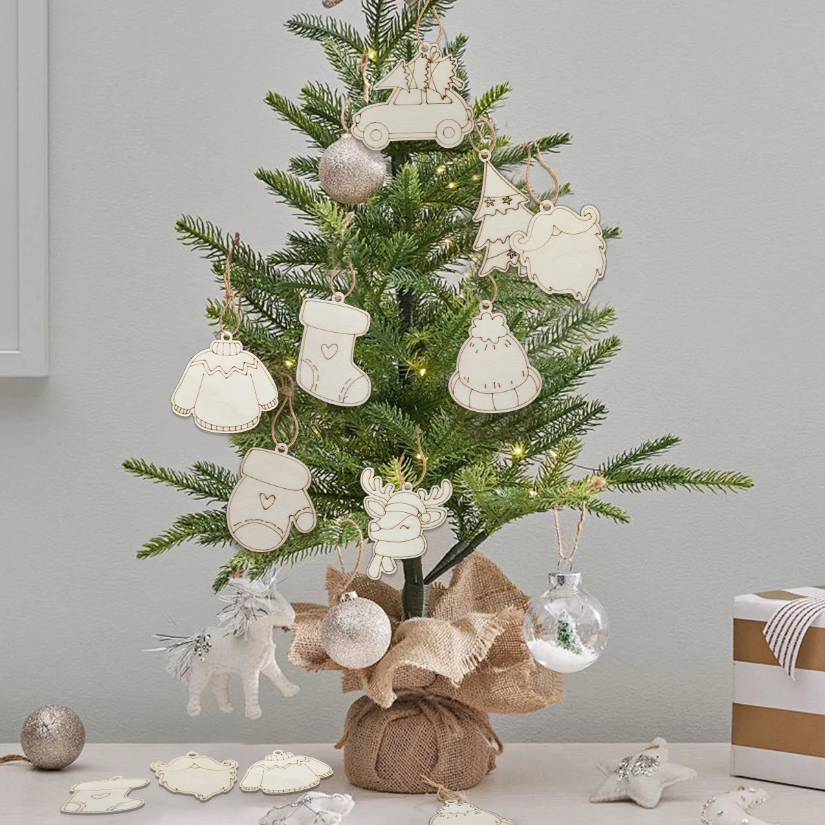 8Pcs Christmas Deer Cart Hat Wooden Ornament Xmas Tree Hanging Pendant For Navidad Party Decor Noel DIY Painting Gifts Supplies