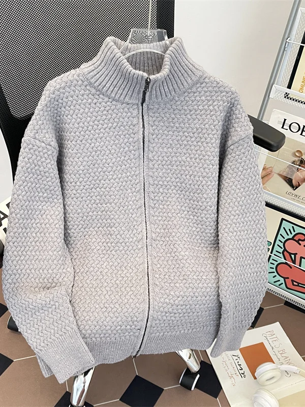

Мужской вязаный свитер, кардиган, весна-осень, двойная молния, повседневный воротник-стойка, свободный крой, удобный длинный топ све