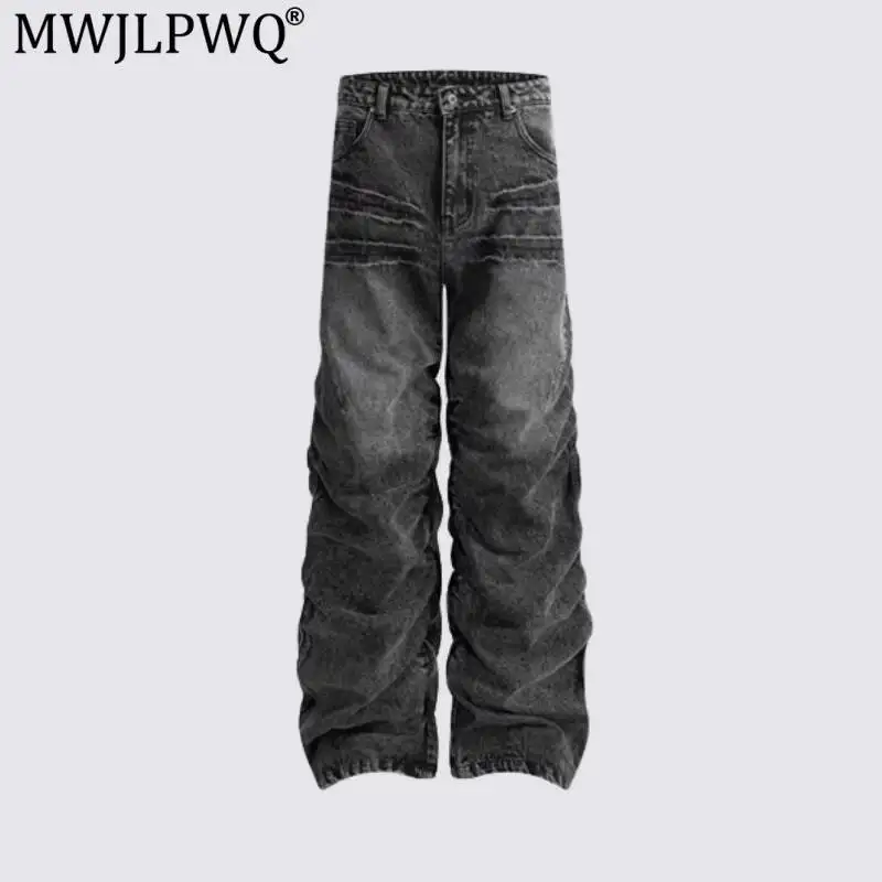 MWJLPWQ American-Style High Street Distressed Pleated Stacked Jeans For Men Women Vintage Loose Wide-Leg Straight Trousers 20023