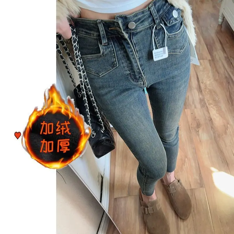 2025 женские осенне-зимние шикарные джинсы скинни на толстой флисовой подкладке с высокой талией