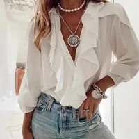 Blusa con cuello en V y volantes para mujer, camisas informales de manga larga de Color sólido, blusas, Tops para mujer 2024