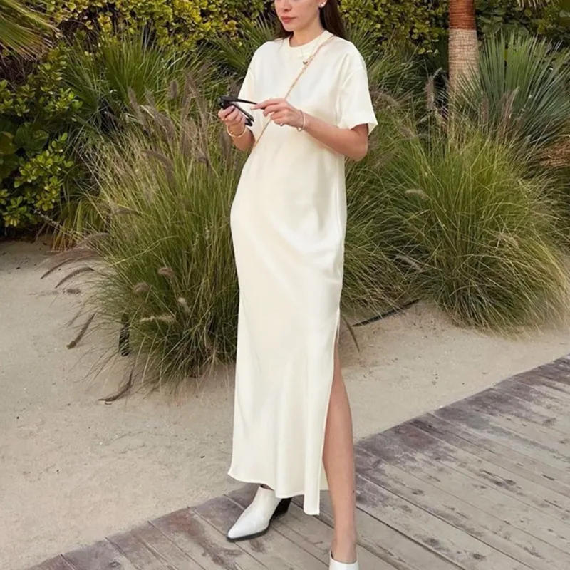 Talenza Casual Satin Long Dress Fashion Solid Loose Short Sleeve Slit Long Dress Summer Commuter Elegant Women Dresses Vestidos