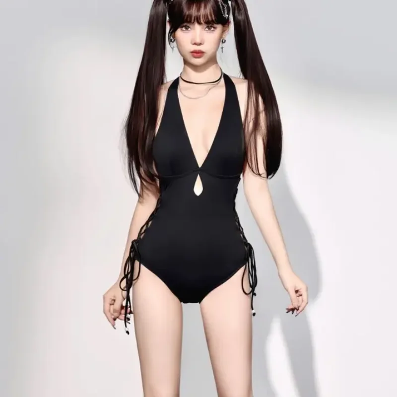 

American retro hot spring style V-neck hollow strap sexy European and American ins style women's one-piece swimsuit Y2K Harajuku