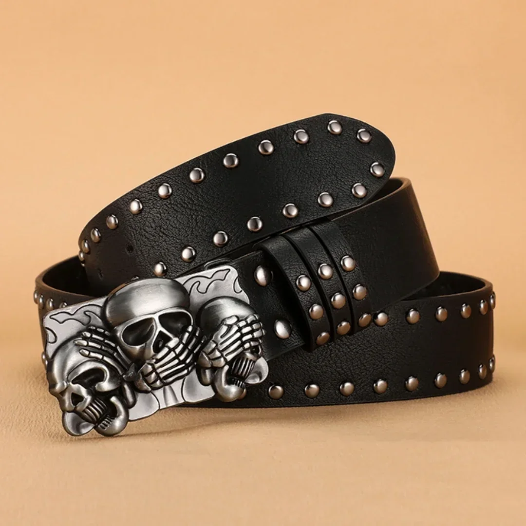 Neue Gürtel für Damen, hochwertige Luxusmarke, Punk-Gothic-Nieten, schwarze Jeans, Unisex, Herren-Gürtel, Pfoten-Totenkopf-Schnalle, Taillengürtel für Männer
