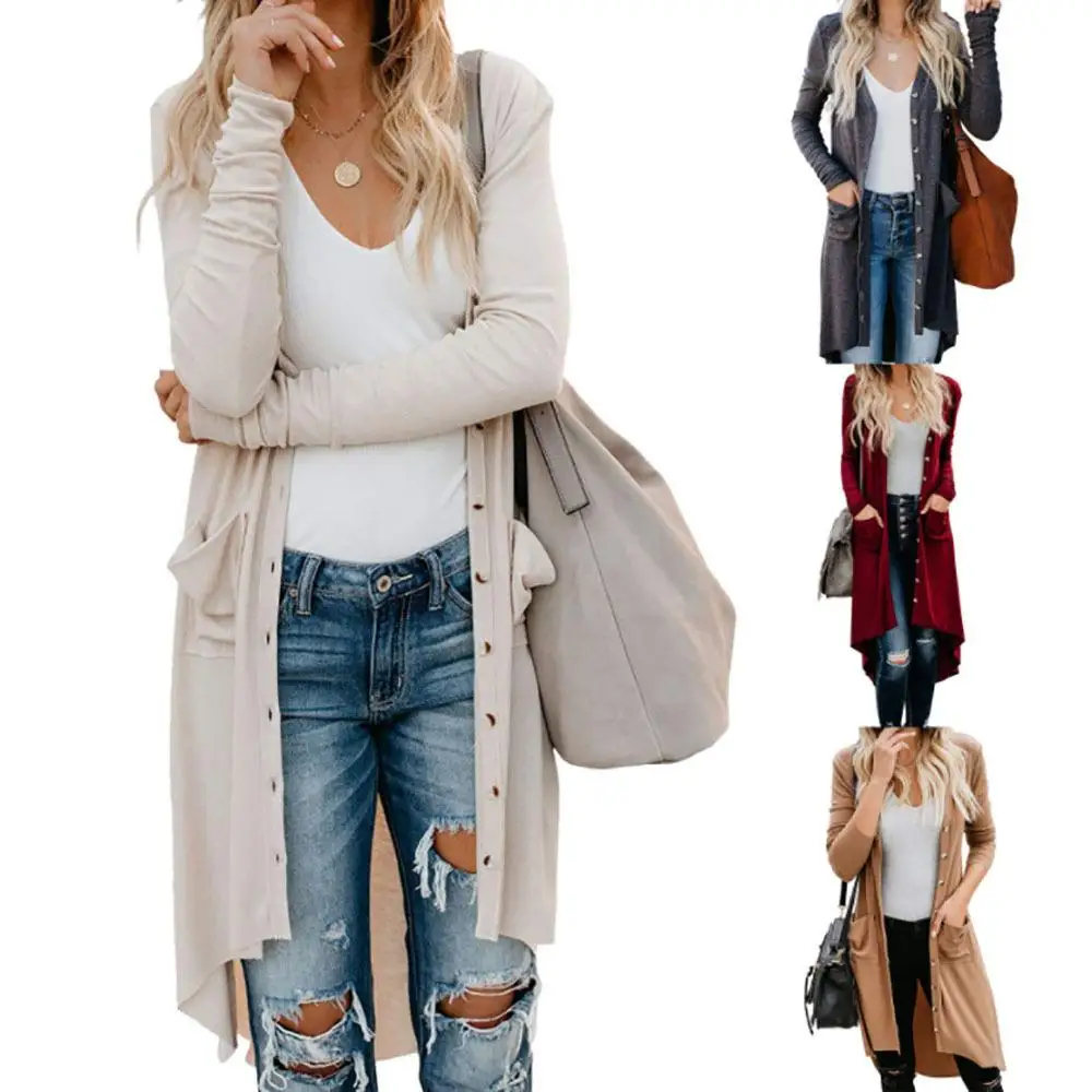 Women's Single Mid-Length Long Sweater Knitted Cardigan Polyester Fiber  Color Open-irt Sle Autumn Faion 