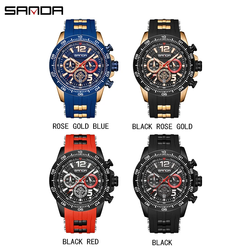 SANDA Red Watch for Men Fashion Luxury Chronograph Analog Quartz Wristwatch with Silicone Band Luminous Hands Date Waterproof