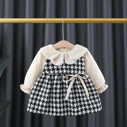 Ropa de otoño e invierno para niñas recién nacidas, trajes de terciopelo cálido, vestido a cuadros con lazo para bebés, vestidos de cumpleaños de 1 año