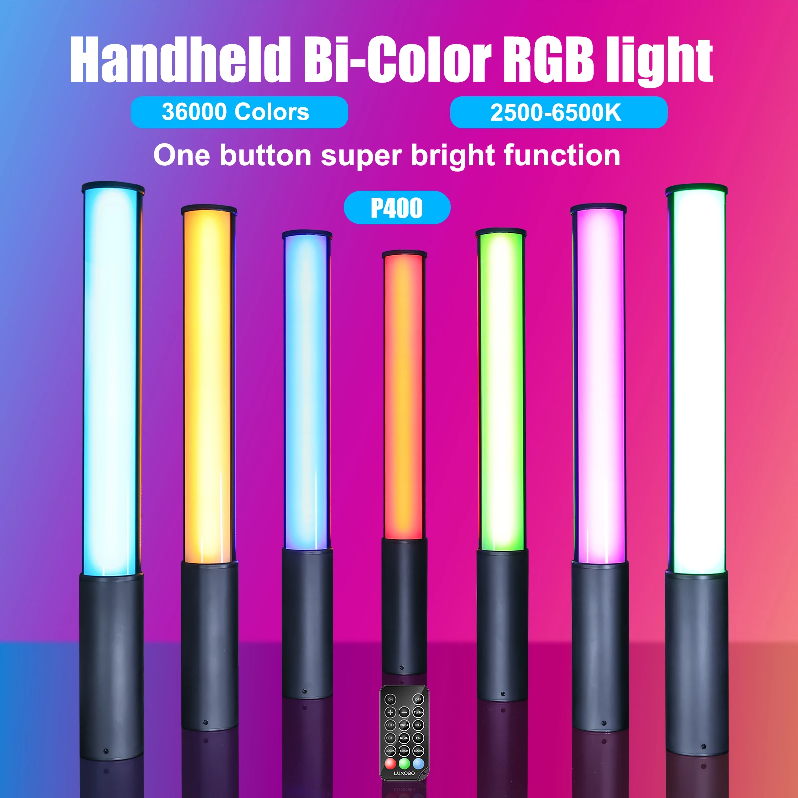 LUXCEO P400 LED Tube Handheld RGB Light Wand Built-in Battery 2500-6500k 36000 Colors Photo Studio Lamp for Youtube Vlog TikTok